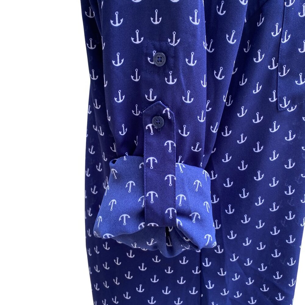 Express The Portofino Shirt Blue Nautical Anchor Print Roll Tab Coastal Preppy-L - Picture 7 of 15